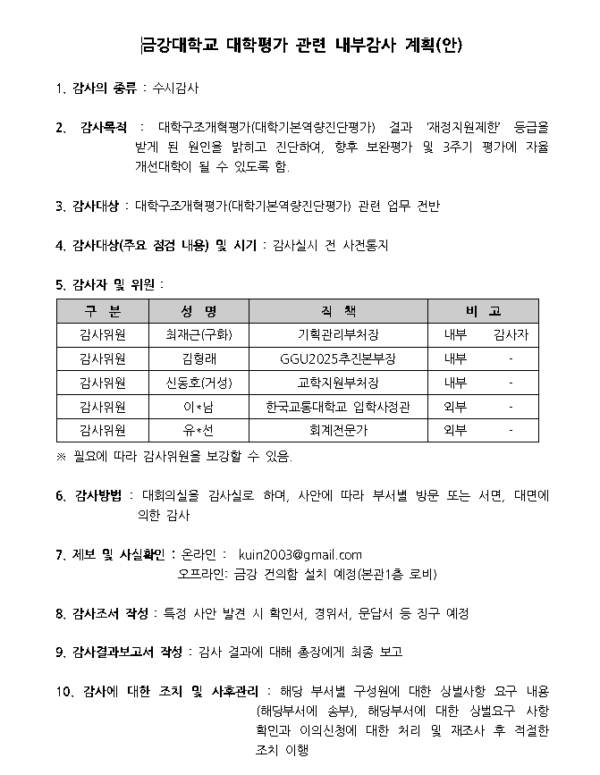 금강대학교 대학평가(구조개혁(기본역량진단)) 관련 내부감사 계획(안)