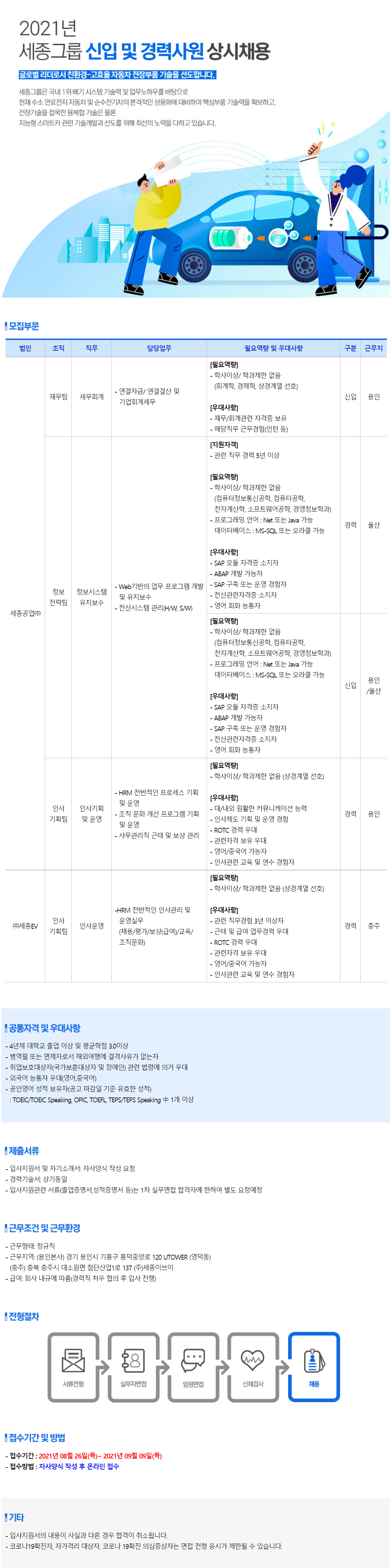 [세종그룹] 정규직 신입 및 경력사원 채용 (재무, 인사) (경기용인, 청주 근무)