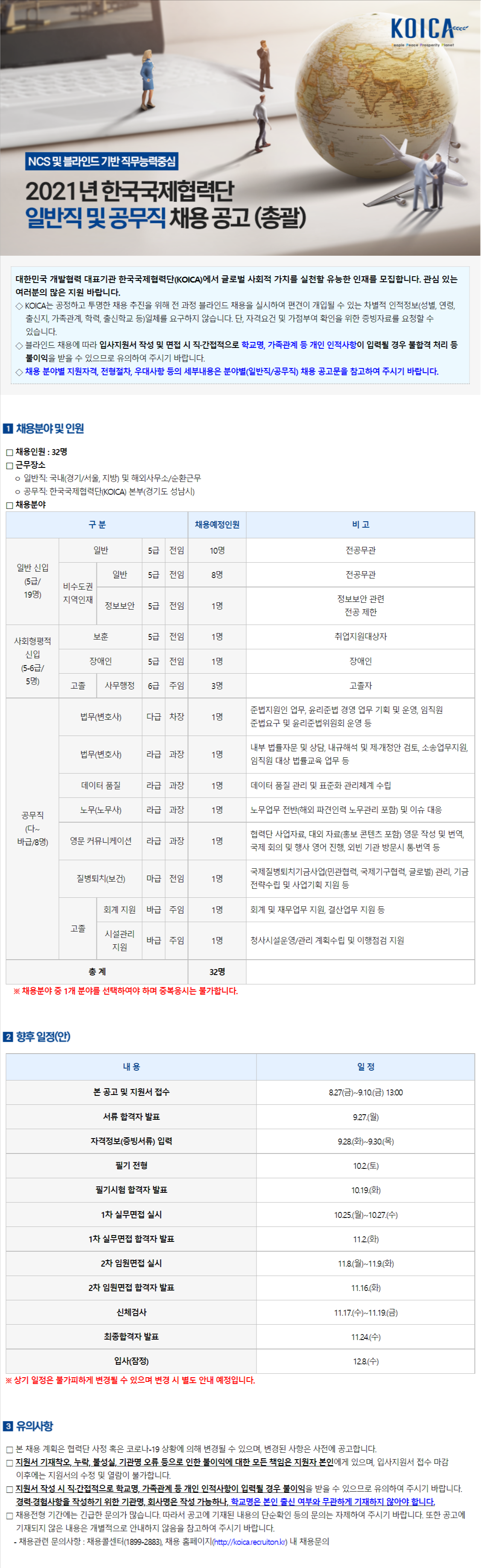 [한국국제협력단] 2021년 일반직 및 공무직 채용공고