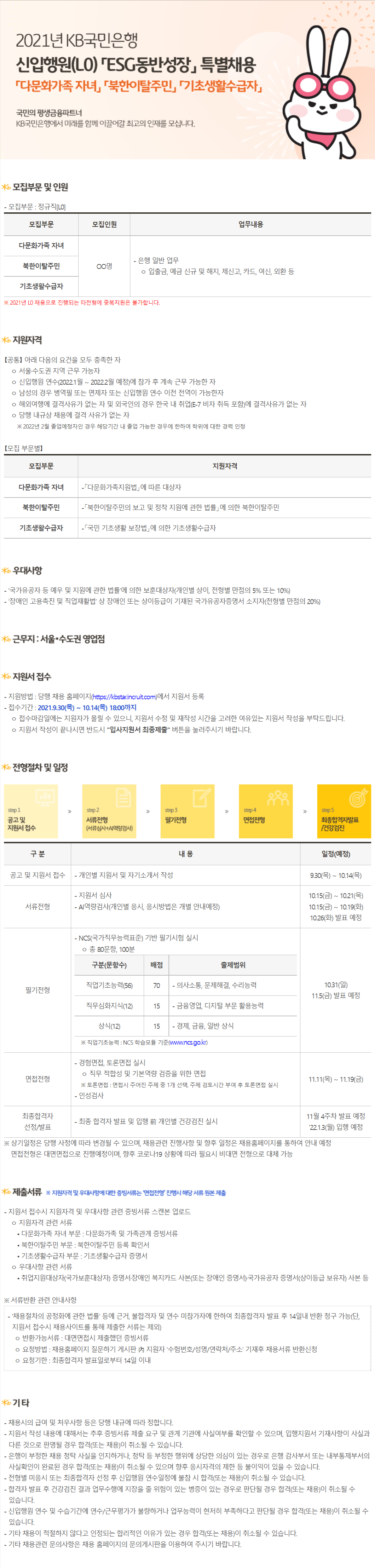 [KB국민은행] 2021년 신입행원 ESG동반성장 특별채용(다문화가족 자녀/북한이탈주민/기초생활수급자)