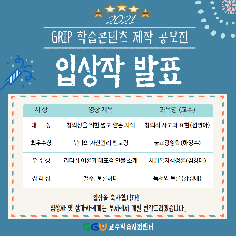 [교수학습지원센터] GRIP 학습콘텐츠 제작 공모전 결과 발표