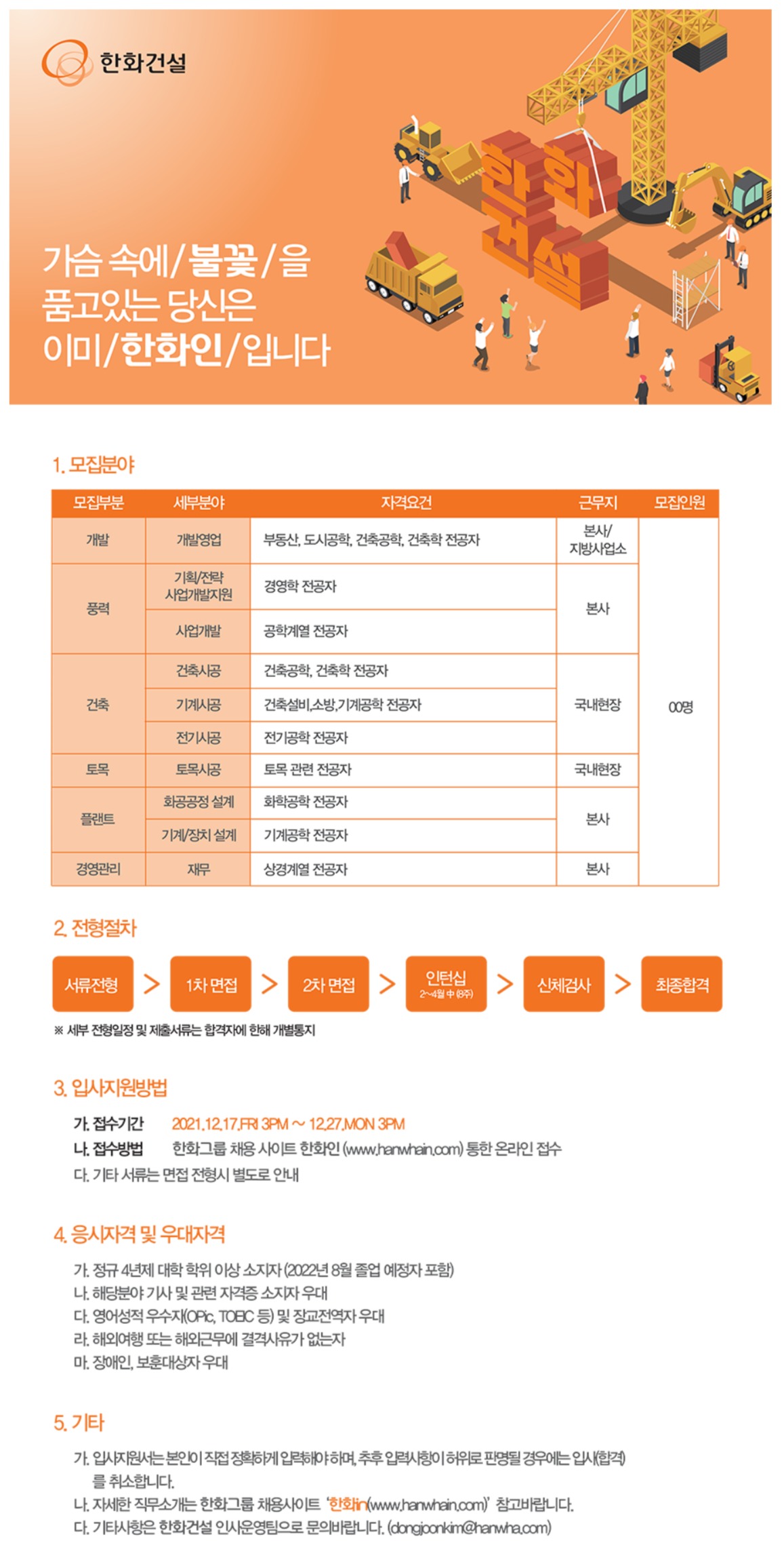 [한화건설] 인턴십 신입사원 모집 (기획 재무) (~12/27 까지)