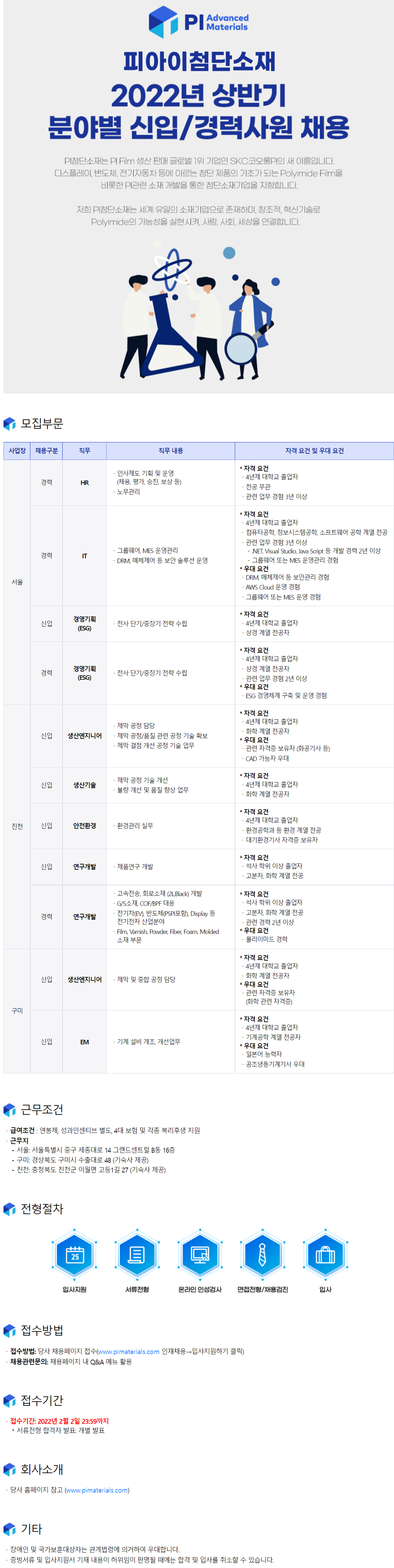 [PI첨단소재] 2022년 상반기 분야별 신입/경력사원 채용 (경영기획) (~2월 2일까지)