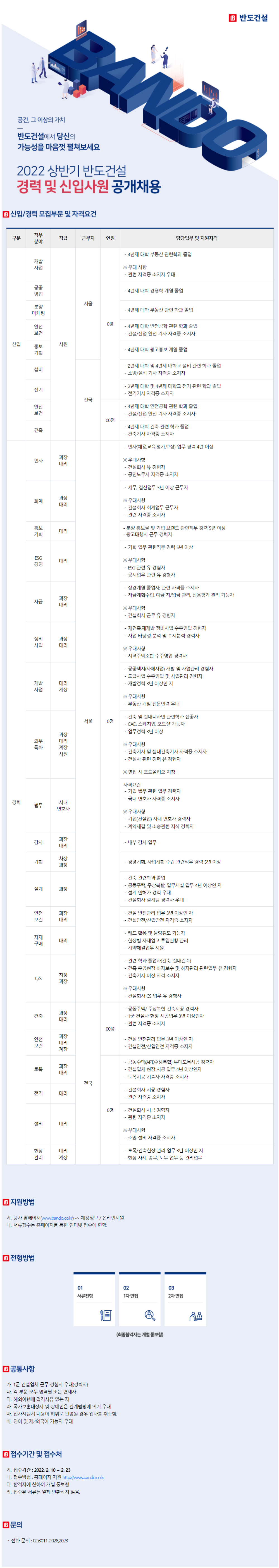 [반도건설] 2022 상반기 경력 및 신입사원 공개채용 (경영) (~2월 23일까지)