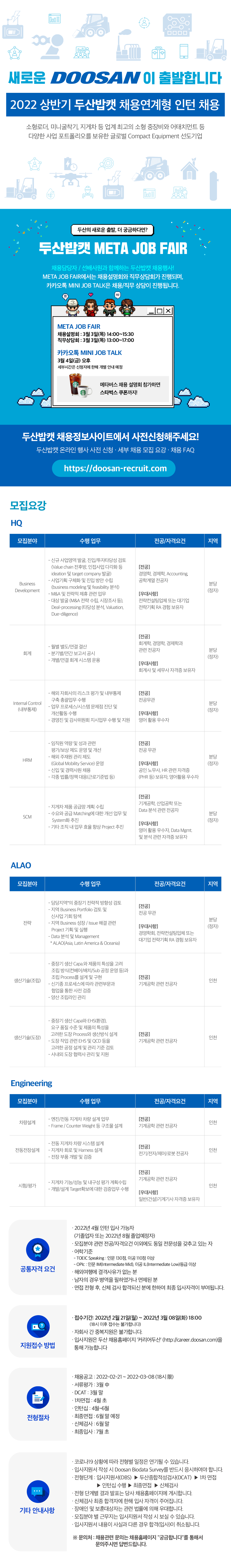 [두산밥캣] 2022 상반기 채용연계형 인턴 채용 (경영, 회계, 영어 활용 우수자) (~3월 8일까지)