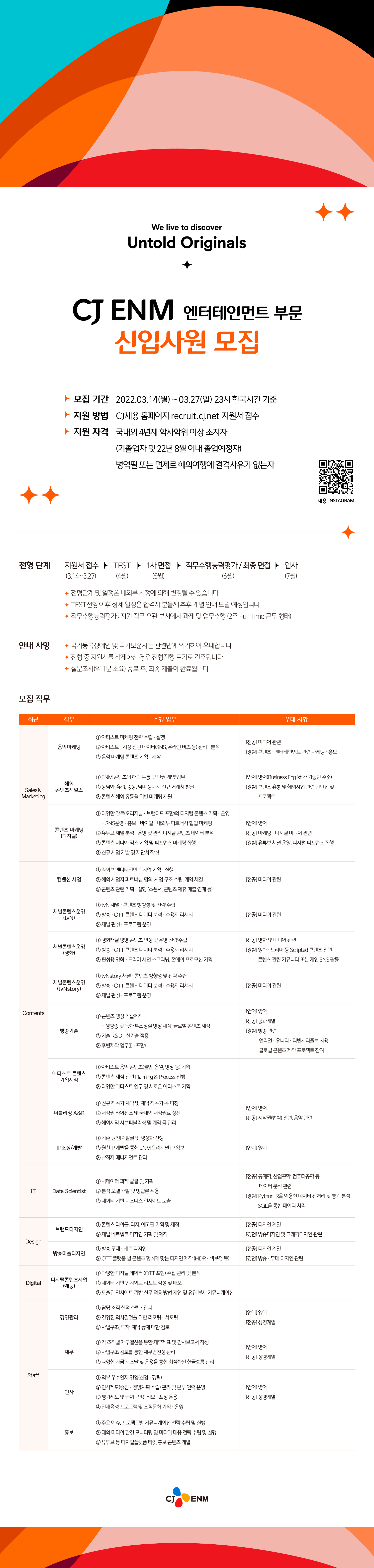 [CJ ENM] 엔터테인먼트 부문 신입사원 모집 (상경계열, 영어) (~3월 27일까지)