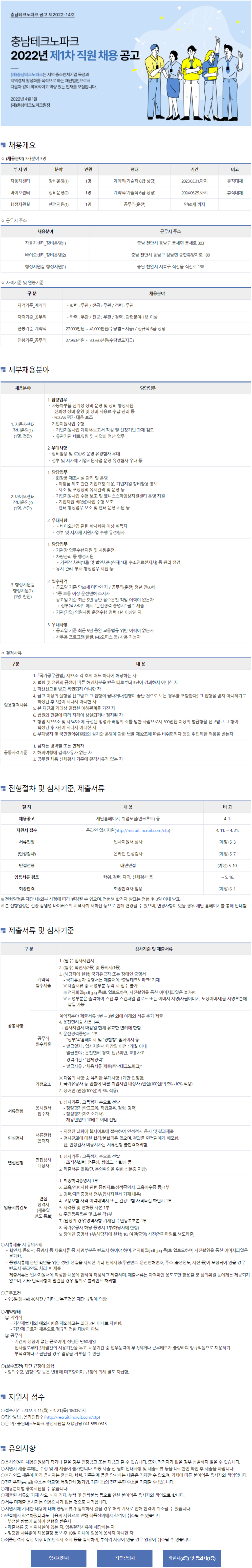 [충남테크노파크] 2022년 제1차 직원 채용 공고 (1종 보통 이상 운전면허 소지자)