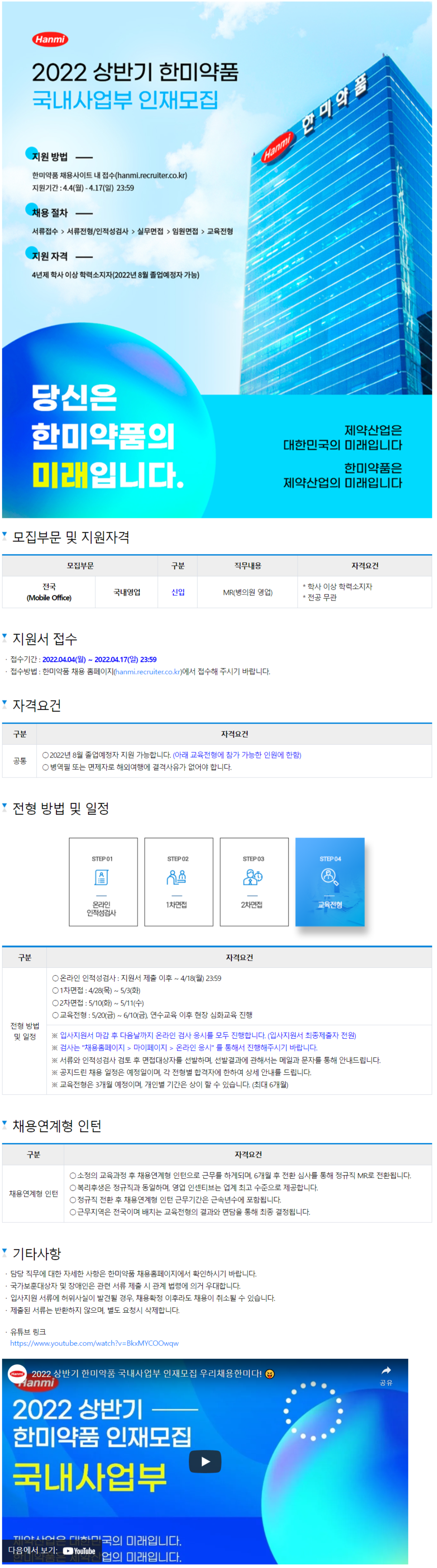 [한미약품] 2022 상반기 국내사업무 인재모집 (~4월 17일까지)