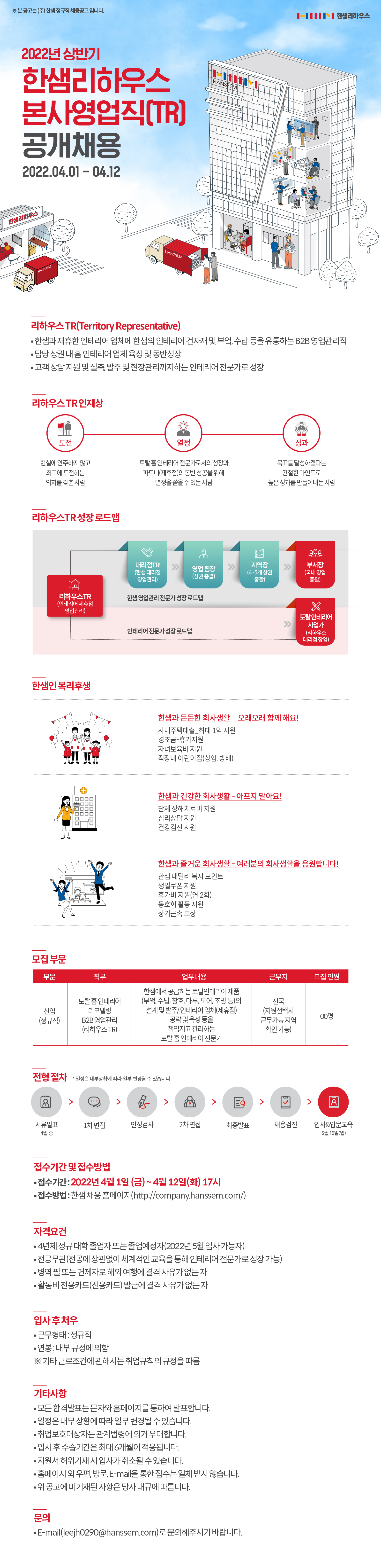 [한샘리하우스] 2022년 상반기 본사영업직(TR) 공개채용 (~4월 12일까지)