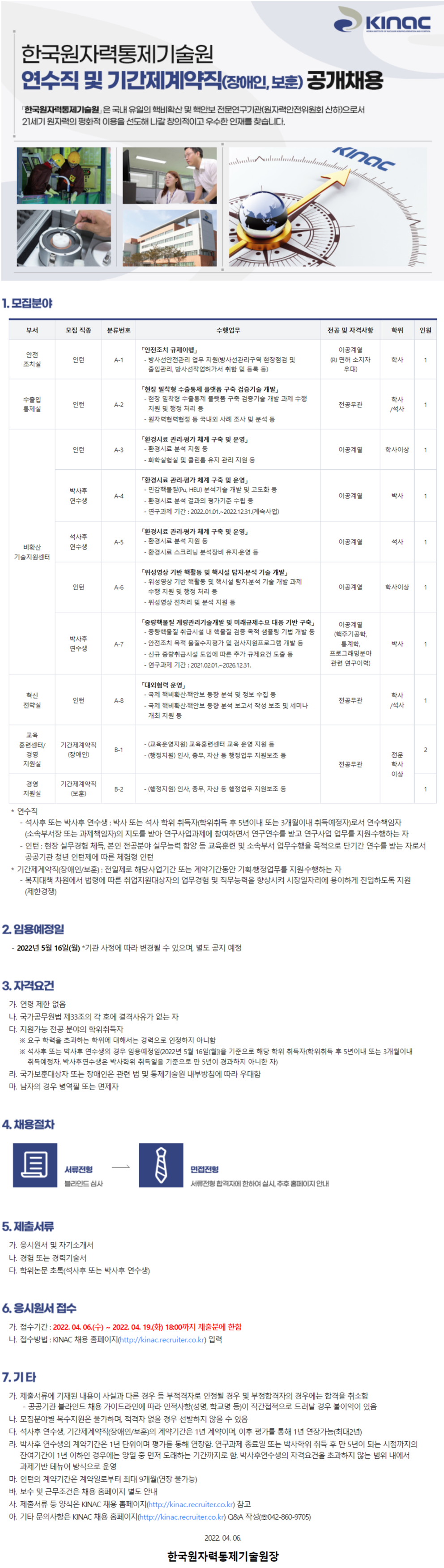 [한국원자력통제기술원] 연수직 및 기간제계약직(장애인, 보훈) 공개채용 (~4월 19일까지)