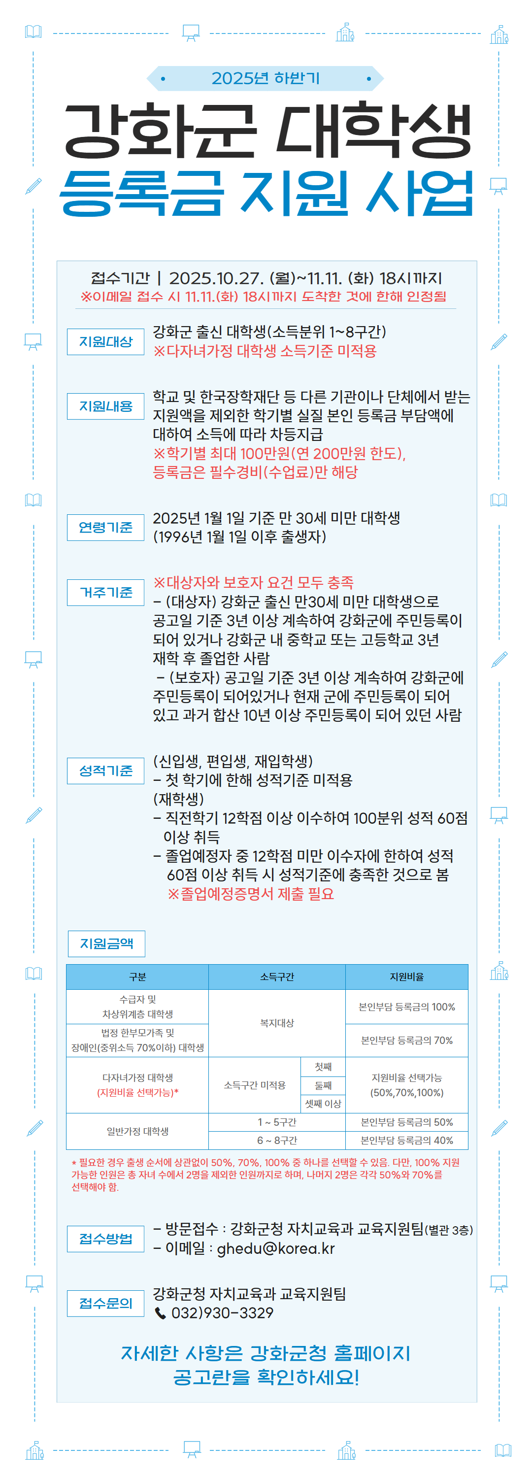 [강화군] 2025년 하반기 강화군 대학생 등록금 지원사업 공고